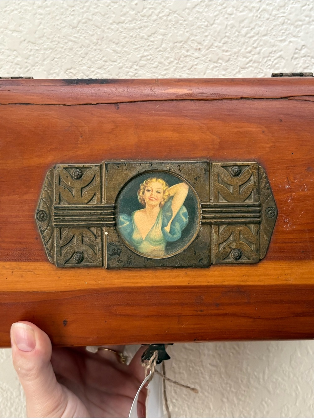 Vintage Art Deco Wooden Box with Decorative Brass Medallion - Honey Brown